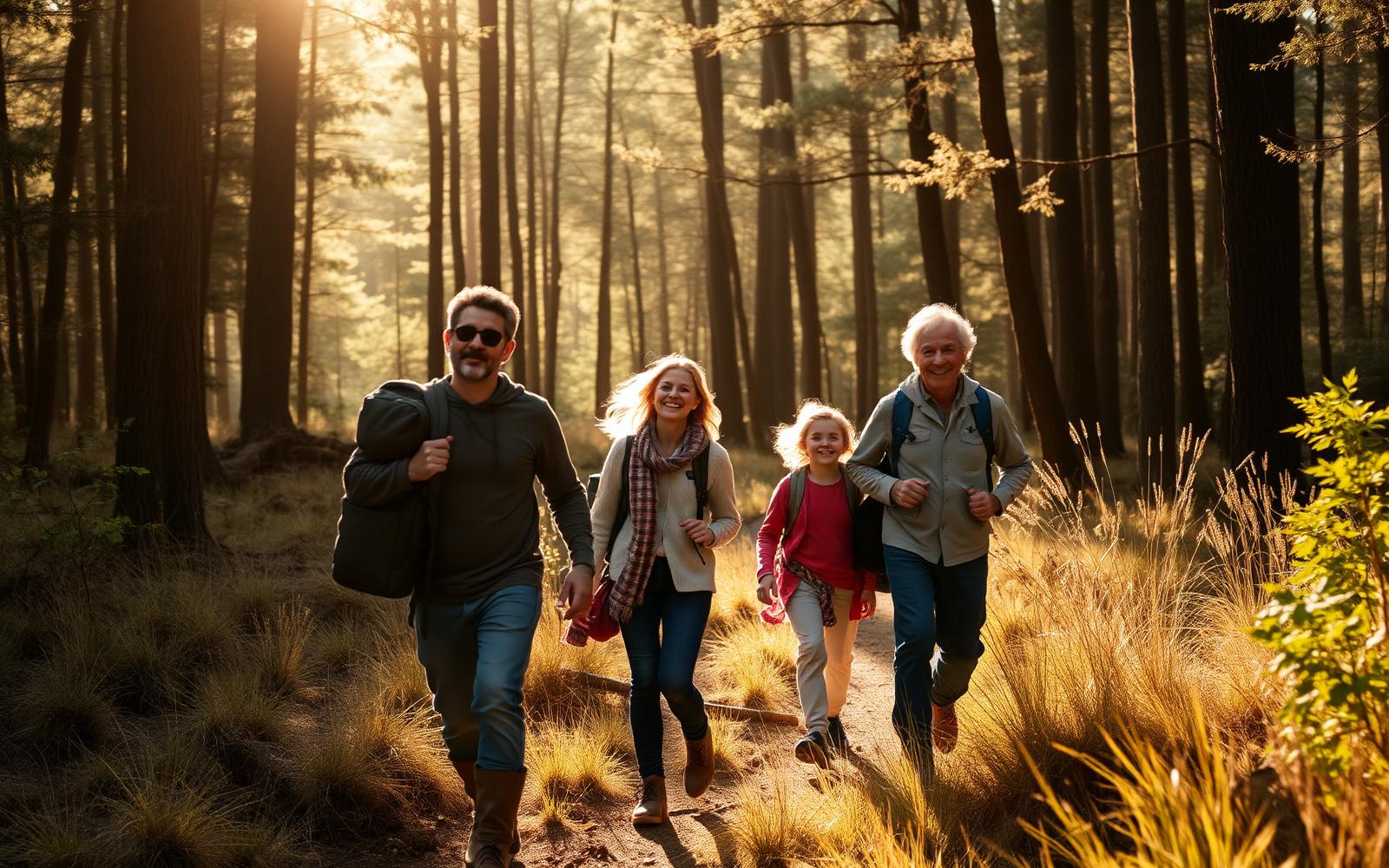 Family hiking together in golden light
