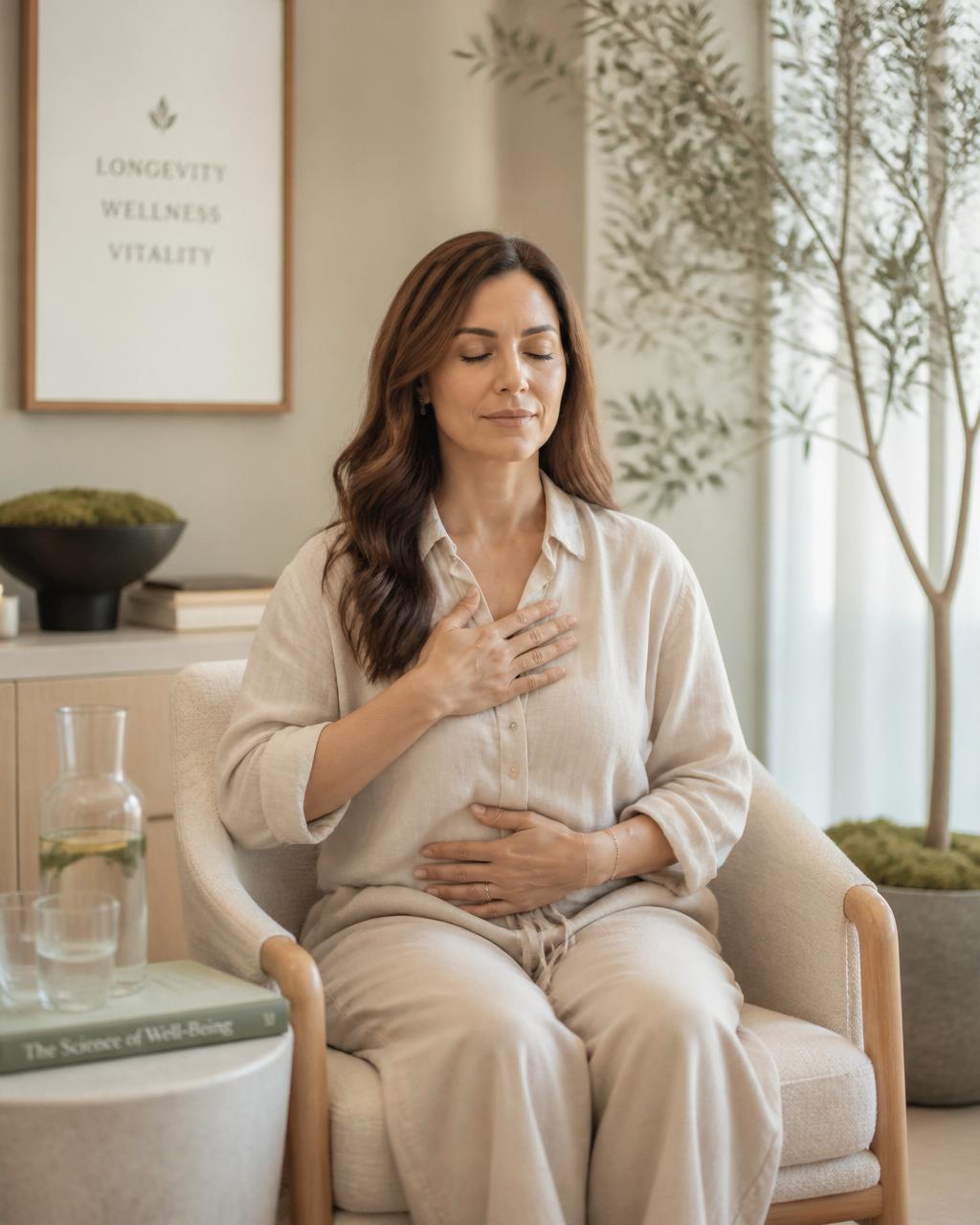 Calm professional practicing a breath reset